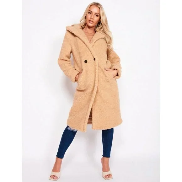 Camel Long Sleeve Hoodie Hooded Long Maxi Borg Teddy Bear Fur Coat - Picture 3 of 16